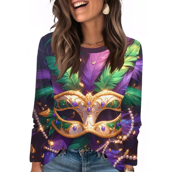 Mardi Gras Shirts for Women Feathers Print Crew Neck Holiday T Shirts Long 3/4 Sleeve Glitter Party Tunic Tops Gold S