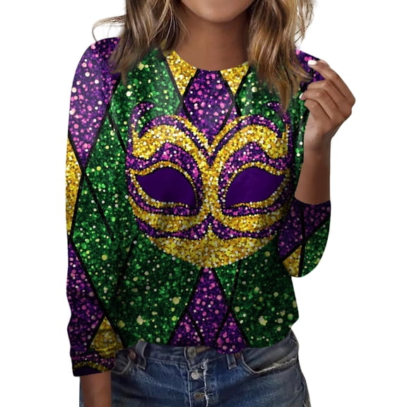 Mardi Gras Shirts for Women Feathers Print Crew Neck Purple Graphic Tee Long 3/4 Sleeve Sparkly Holiday Blouse Purple 5XL