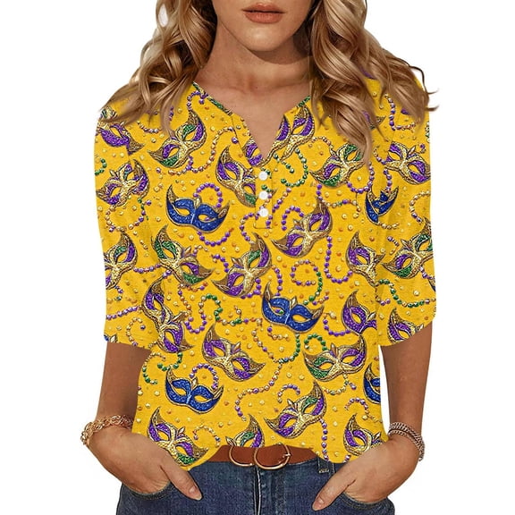 Mardi Gras Shirts for Women Feathers Print Glitter V Neck Tops Sparkly 3/4 Sleeve Green Tunic Tops Orange 2XL