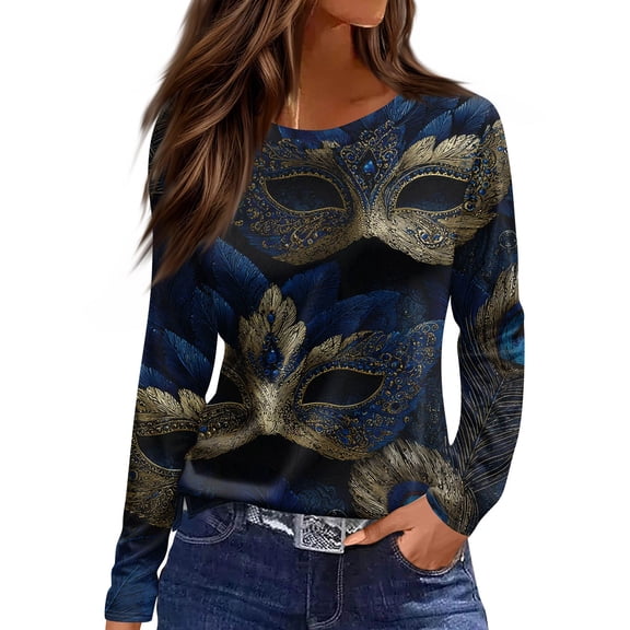Mardi Gras Shirts for Women Feathers Print Mask Print Long Sleeve T Shirts Carnival Crew Neck Green Tops Navy M