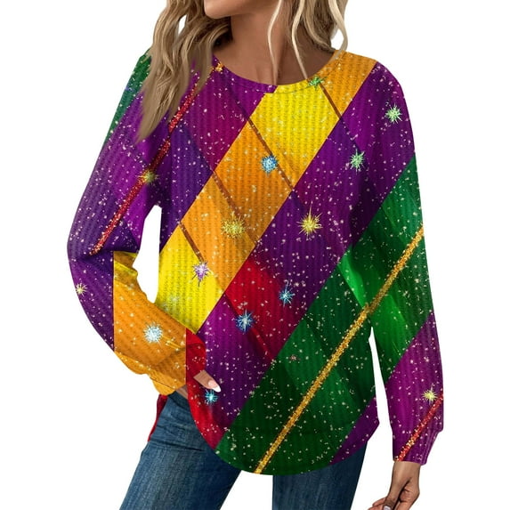 Mardi Gras Shirts for Women Feathers Print Sequins Crew Neck T Shirts Mask Print Long Sleeve Gold Blouse Deep Red 2XL