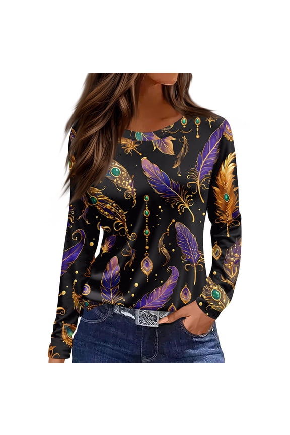 Mardi Gras Shirts for Women Feathers Print Sequins Long Sleeve Tops Sparkly Crew Neck Party Tunic Tops Black 3XL