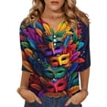 thumbnail image 1 of Mardi Gras Shirts for Women Feathers Print Sparkly 3/4 Sleeve Graphic Tee Glitter V Neck Holiday Tunic Tops Yellow M, 1 of 5