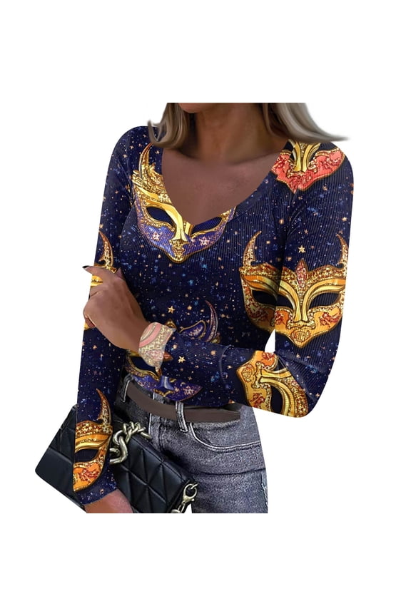 Mardi Gras Shirts for Women Feathers Print Sparkly V Neck Tops Sequins Long Sleeve Gold Tunic Tops Dark Purple M