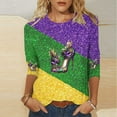 thumbnail image 1 of Mardi Gras Shirts for Women Funny Mask Graphic 3/4 Sleeve Striped Tee Shirt Loose Casual Crew Neck Party Tops Trendy Mardi Gras Outfit 2026, 1 of 6