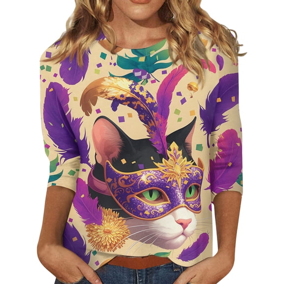 Mardi Gras Shirts for Women Glitter 3/4 Sleeve Purple Blouse Crew Neck Carnival Holiday Tunic Tops Purple M