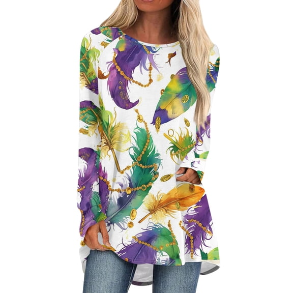Mardi Gras Shirts for Women Glitter Carnival Crew Neck Blouse Feathers Print Long Sleeve Green Tops White 3XL