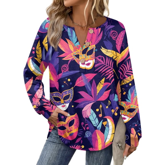 Mardi Gras Shirts for Women Glitter Carnival V Neck Tops Feathers Print Long Sleeve Holiday Graphic Tee Dark Purple 3XL