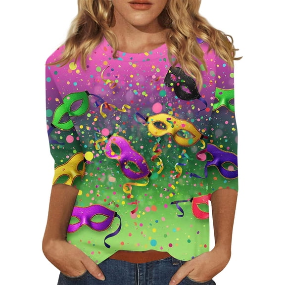 Mardi Gras Shirts for Women Glitter Crew Neck Purple Graphic Tee 3/4 Sleeve Mask Print Gold Tunic Tops Green L