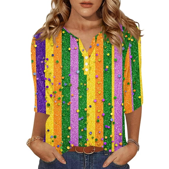 Mardi Gras Shirts for Women Glitter Feathers Print 3/4 Sleeve Tunic Tops Sequins V Neck Party T Shirts Orange S