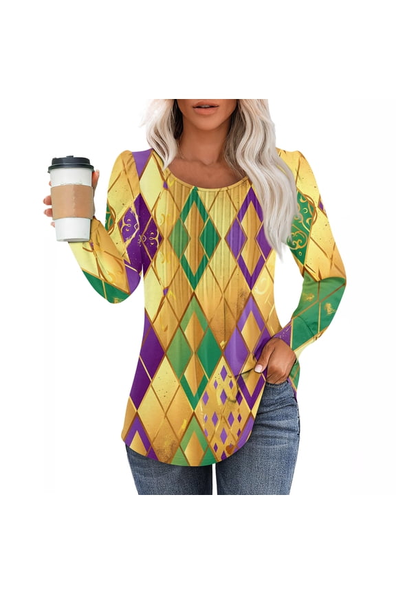 Mardi Gras Shirts for Women Glitter Feathers Print Long Sleeve T Shirts Sequins Crew Neck Purple Graphic Tee Gold S