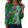 thumbnail image 1 of Mardi Gras Shirts for Women Glitter Long 3/4 Sleeve Purple Tops Crew Neck Mask Print Green Graphic Tee Green M, 1 of 6