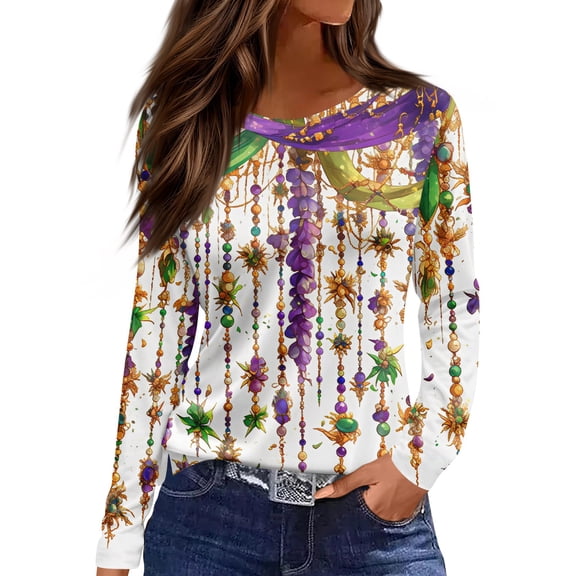 Mardi Gras Shirts for Women Glitter Mask Print Long Sleeve Blouse Sparkly Crew Neck Purple T Shirts Light Purple 2XL