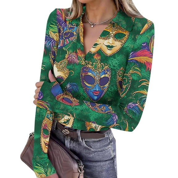 Mardi Gras Shirts for Women Glitter Mask Print Long Sleeve Tunic Tops Sequins V Neck Gold T Shirts Green L