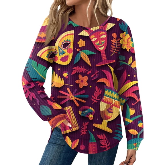 Mardi Gras Shirts for Women Glitter Sparkly Crew Neck Tunic Tops Sequins Long Sleeve Novelty Tops Wine L