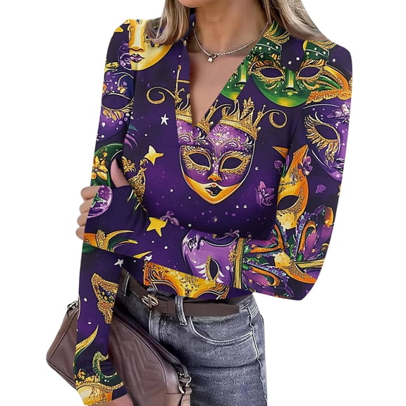 Mardi Gras Shirts for Women Glitter Sparkly V Neck Tops Mask Print Long Sleeve Holiday T Shirts Gold S