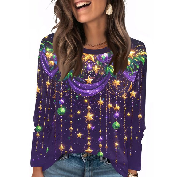 Mardi Gras Shirts for Women Long Sleeve Pullover Top with Mardi Gras Mask and Feather Print Crew Neck Ladies Tops and Blouses Dark Purple L