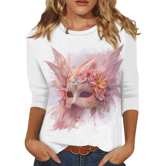 Mardi Gras Shirts for Women Mask Print 3/4 Sleeve Green Blouse Crew Neck Sequins Party Graphic Tee White S