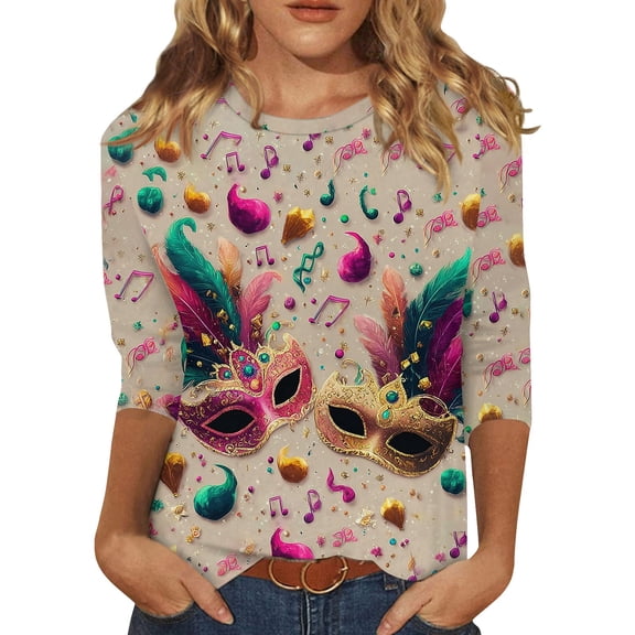 Mardi Gras Shirts for Women Mask Print 3/4 Sleeve Purple Blouse Crew Neck Carnival Holiday T Shirts Khaki S