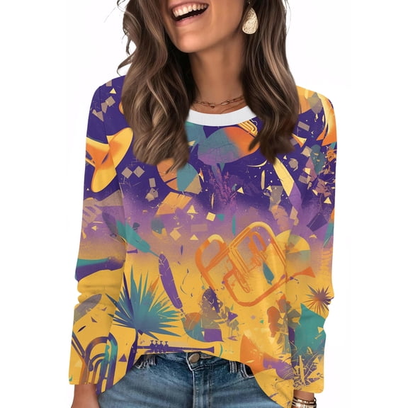 Mardi Gras Shirts for Women Mask Print Carnival Long Sleeve Graphic Tee Feathers Print Crew Neck Gold Blouse Purple Pink S