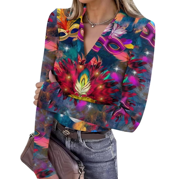 Mardi Gras Shirts for Women Mask Print Carnival Long Sleeve T Shirts Sequins V Neck Holiday Graphic Tee Hot Pink XL