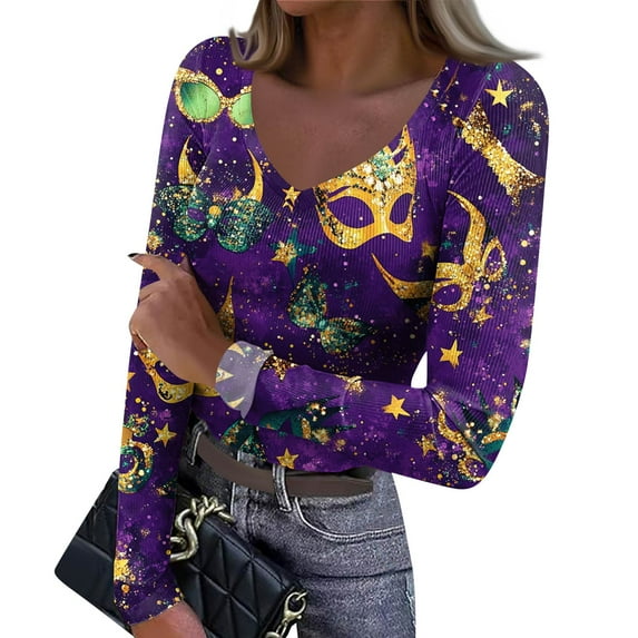 Mardi Gras Shirts for Women Mask Print Carnival Long Sleeve T Shirts Sparkly V Neck Green Tunic Tops Gold L
