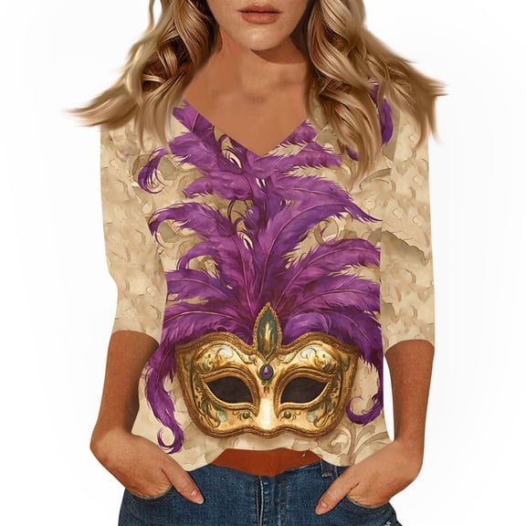 Mardi Gras Shirts for Women Mask Print Carnival V Neck T Shirts Sequins 3/4 Sleeve Gold Graphic Tee Khaki L