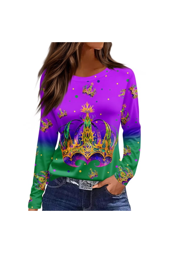 Mardi Gras Shirts for Women Mask Print Feathers Print Crew Neck Blouse Sequins Long Sleeve Green Tops Dark Green XL
