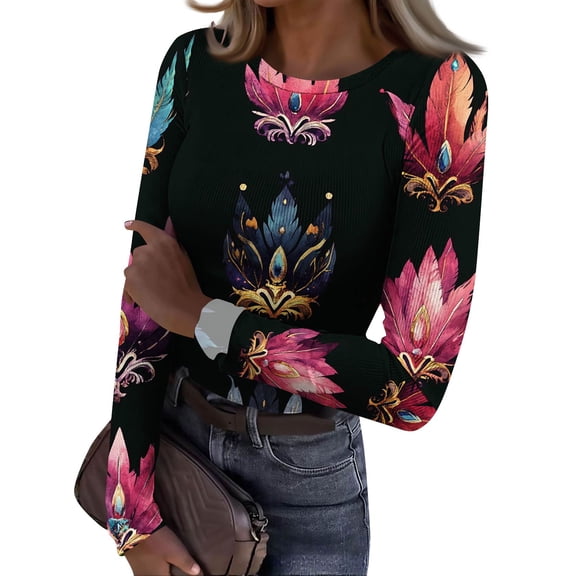Mardi Gras Shirts for Women Mask Print Feathers Print Crew Neck Tops Carnival Long Sleeve Holiday T Shirts Pink 2XL