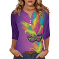 thumbnail image 1 of Mardi Gras Shirts for Women Mask Print Glitter 3/4 Sleeve Tops Sparkly V Neck Purple T Shirts Dark Purple L, 1 of 5