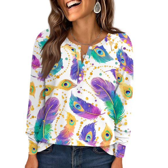 Mardi Gras Shirts for Women Mask Print Glitter Crew Neck Blouse Feathers Print Long Sleeve Green Tunic Tops White M