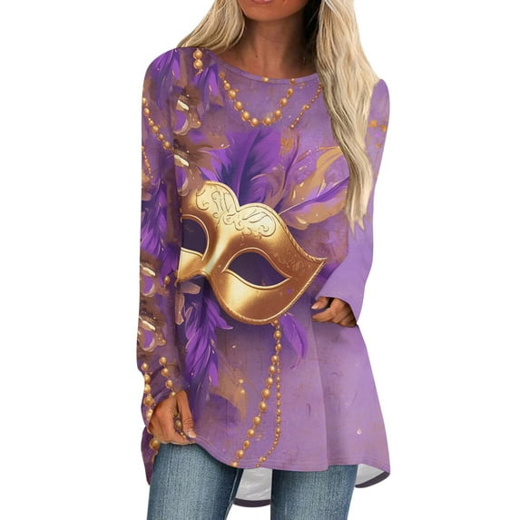 Mardi Gras Shirts for Women Mask Print Glitter Long Sleeve Graphic Tee Sequins Crew Neck Holiday Tops Purple 2XL