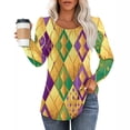 thumbnail image 1 of Mardi Gras Shirts for Women Mask Print Glitter Long Sleeve Tops Carnival Crew Neck Holiday Tunic Tops Gold 3XL, 1 of 5