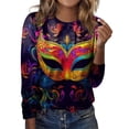 thumbnail image 1 of Mardi Gras Shirts for Women Mask Print Long 3/4 Sleeve Gold T Shirts Crew Neck Glitter Holiday Tops Black S, 1 of 6