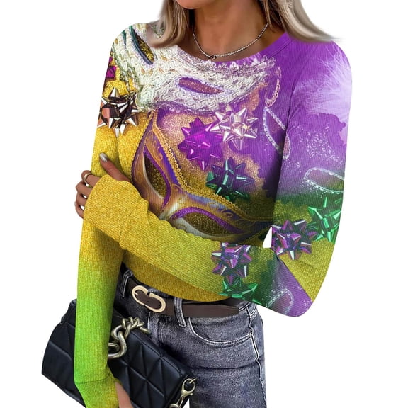 Mardi Gras Shirts for Women Mask Print Sequins Crew Neck Graphic Tee Carnival Long Sleeve Gold T Shirts Yellow S