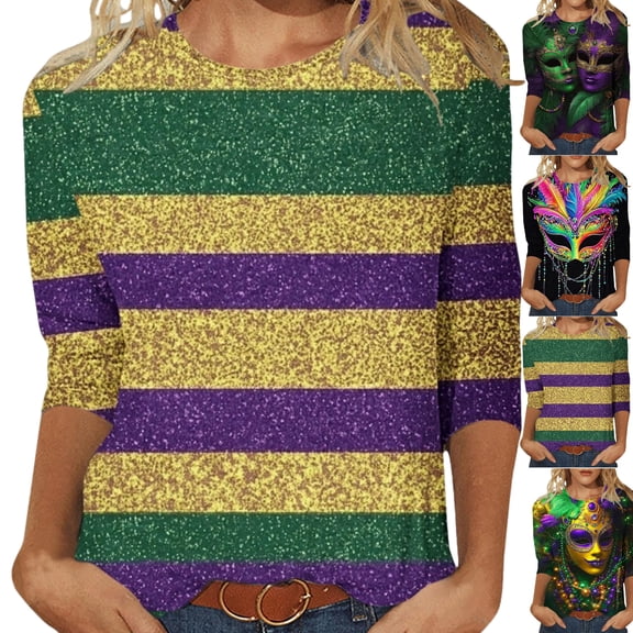 Mardi Gras Shirts for Women Masked Graphic 3/4 Sleeve 2026 Carnival Top Loose Casual Crew Neck Funny Tee Shirts Raved Outfits Mardi Gras Outfit