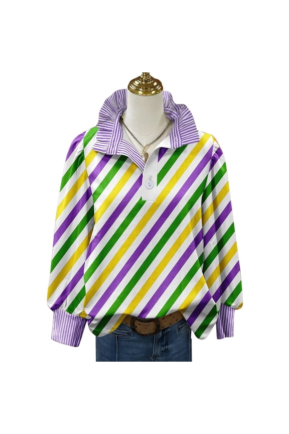 Mardi Gras Shirts for Women Masquerade Clothes Color Print Blouse with Sequin Elegant Long Sleeve Stylish Top #09 Purple & Size M