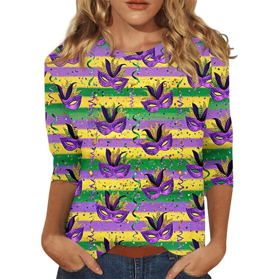 Mardi Gras Shirts for Women Sequins 3/4 Sleeve Green Tops Crew Neck Glitter Purple Tunic Tops Yellow L