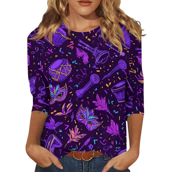 Mardi Gras Shirts for Women Sequins 3/4 Sleeve Novelty T Shirts Crew Neck Glitter Green Blouse Purple S
