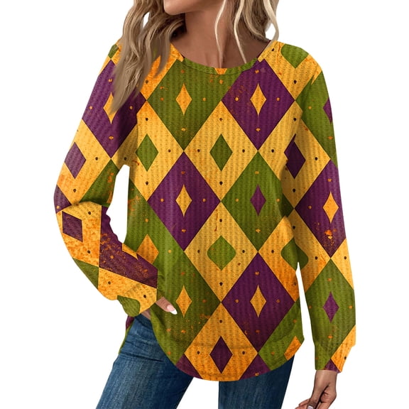 Mardi Gras Shirts for Women Sequins Feathers Print Crew Neck T Shirts Glitter Long Sleeve Novelty Tops Yellow XL