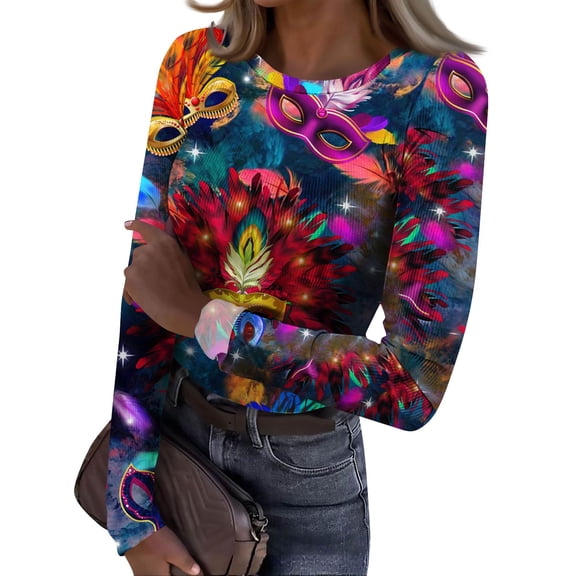 Mardi Gras Shirts for Women Sequins Feathers Print Long Sleeve Tops Carnival Crew Neck Novelty T Shirts Hot Pink 2XL