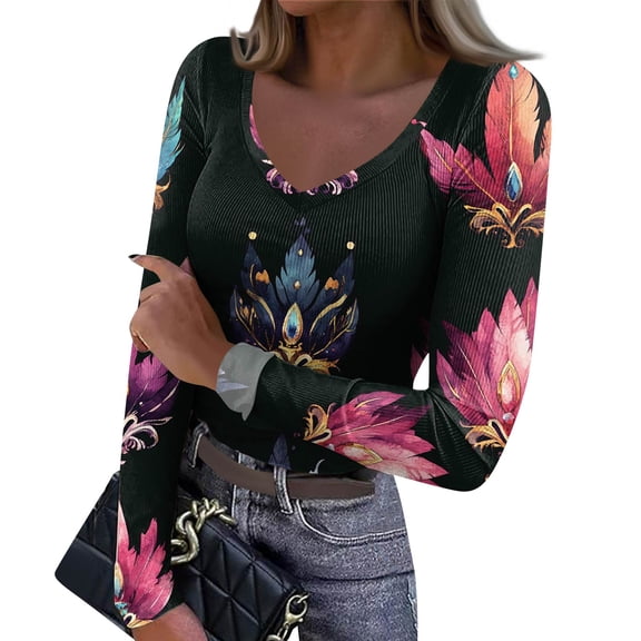 Mardi Gras Shirts for Women Sequins Feathers Print Long Sleeve Tunic Tops Glitter V Neck Green T Shirts Pink S