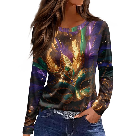 Mardi Gras Shirts for Women Sequins Glitter Crew Neck Graphic Tee Feathers Print Long Sleeve Gold Tops Earthy Yellow S