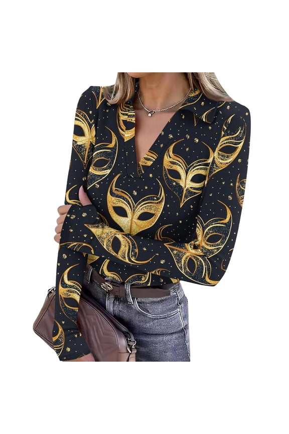 Mardi Gras Shirts for Women Sequins Mask Print Long Sleeve Tops Feathers Print V Neck Novelty Tunic Tops Yellow XL