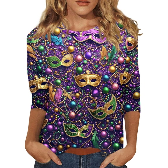Mardi Gras Shirts for Women Sparkly 3/4 Sleeve Gold Tops Crew Neck Mask Print Green Graphic Tee Purple 2XL