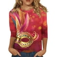 thumbnail image 1 of Mardi Gras Shirts for Women Sparkly 3/4 Sleeve Purple Blouse Crew Neck Feathers Print Party Tops Hot Pink 2XL, 1 of 5