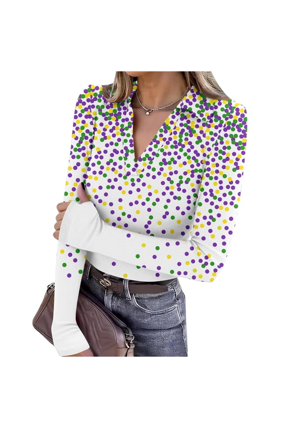 Mardi Gras Shirts for Women Sparkly Carnival Long Sleeve Blouse Glitter V Neck Party Graphic Tee White S