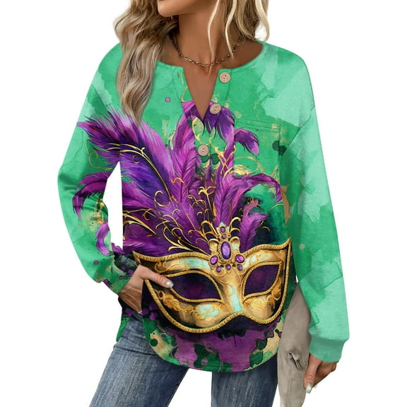 Mardi Gras Shirts for Women Sparkly Carnival Long Sleeve Graphic Tee Feathers Print V Neck Green T Shirts Green M