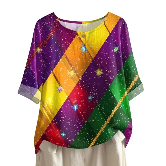 Mardi Gras Shirts for Women Sparkly Carnival Short Sleeve Blouse Mask Print Crew Neck Green Tunic Tops Saffron XL
