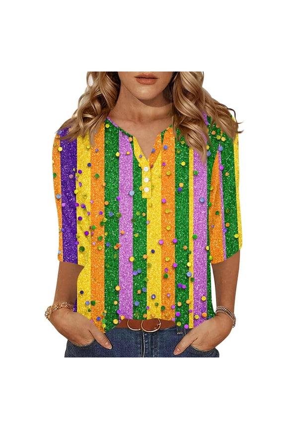 Mardi Gras Shirts for Women Sparkly Carnival V Neck T Shirts Sequins 3/4 Sleeve Party Graphic Tee Orange 2XL
